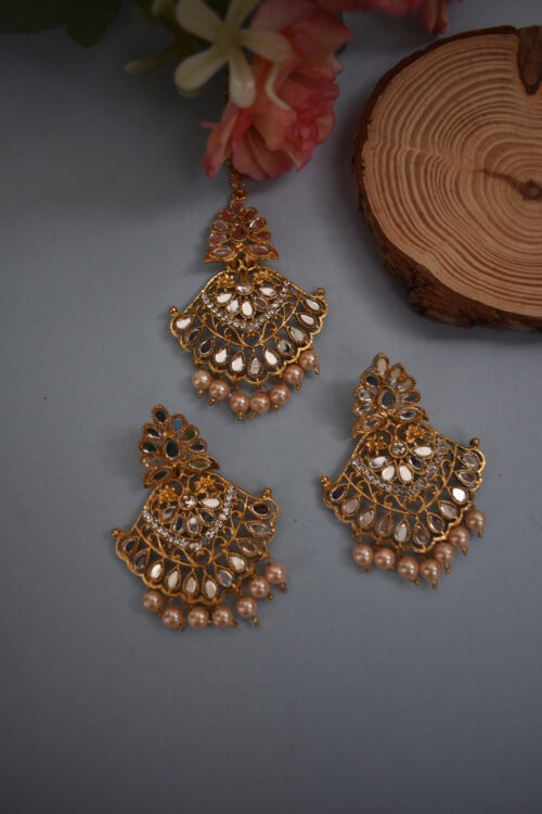 Golden Mirror And Pearl Studded Earrings Set