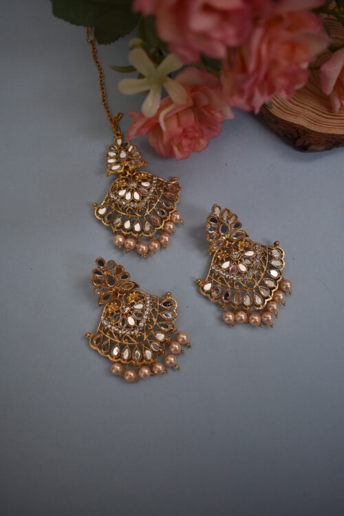 Golden Mirror And Pearl Studded Earrings Set