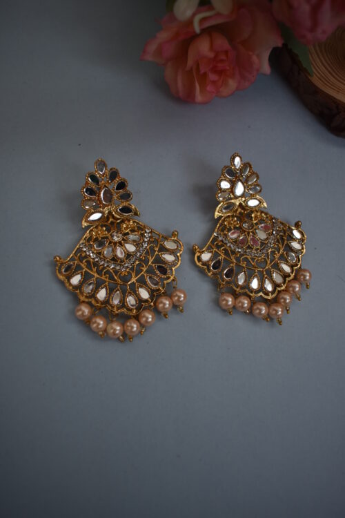Golden Mirror And Pearl Studded Earrings Set