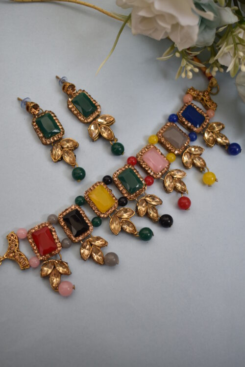 Multi Color Stone Studded Choker Set