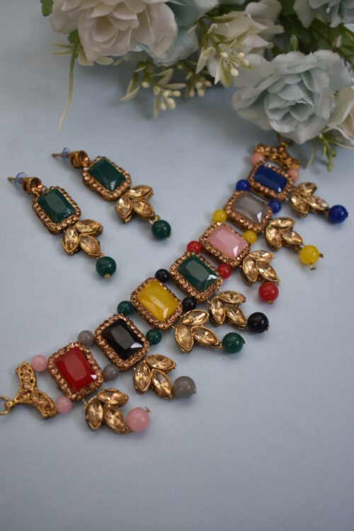 Multi Color Stone Studded Choker Set