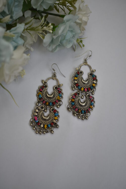 Oxidised Multi Color Silver Earrings