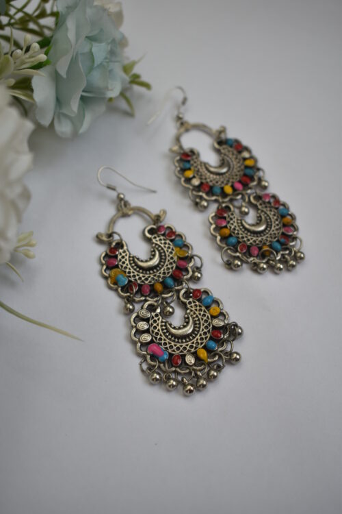 Oxidised Multi Color Silver Earrings