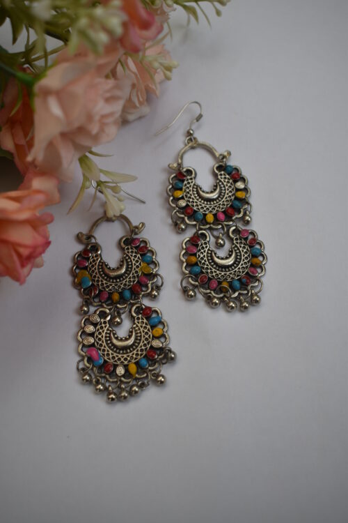 Oxidised Multi Color Silver Earrings