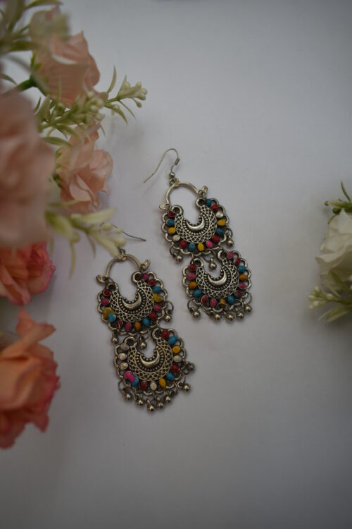 Oxidised Multi Color Silver Earrings