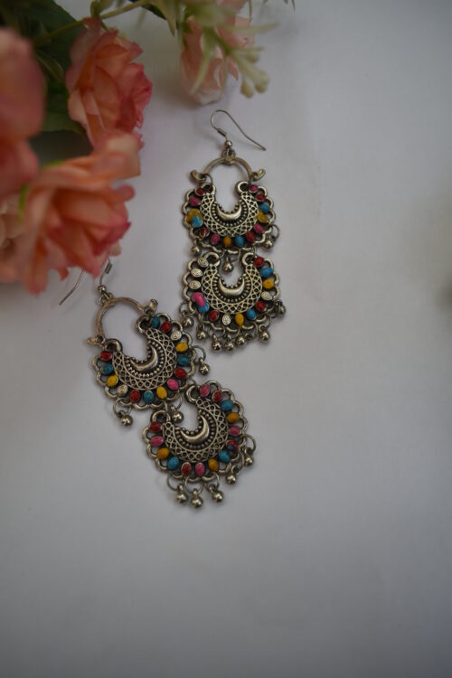 Oxidised Multi Color Silver Earrings