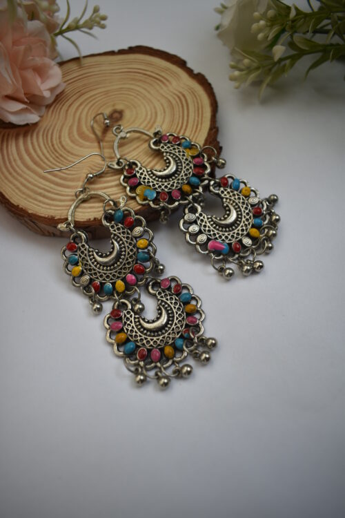 Oxidised Multi Color Silver Earrings