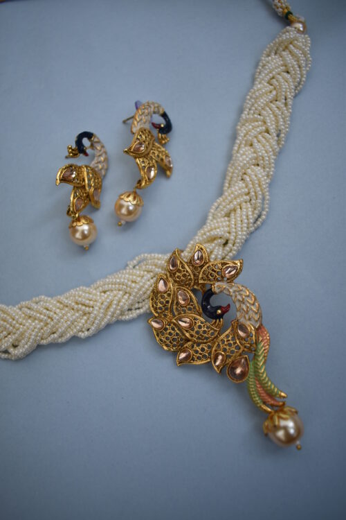 Peacock Design White Beads Pendant Set