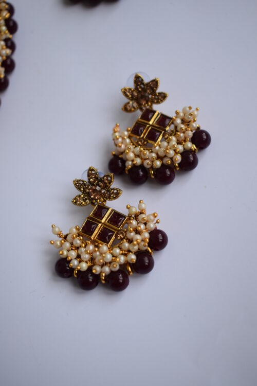 Gold Toned Stone Studded Beads Necklace Set