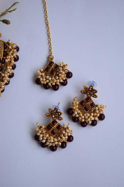 Gold Toned Stone Studded Beads Necklace Set
