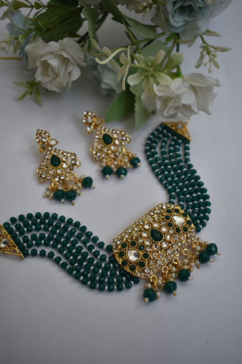 Gold Toned Beads Stone Studded Choker Set