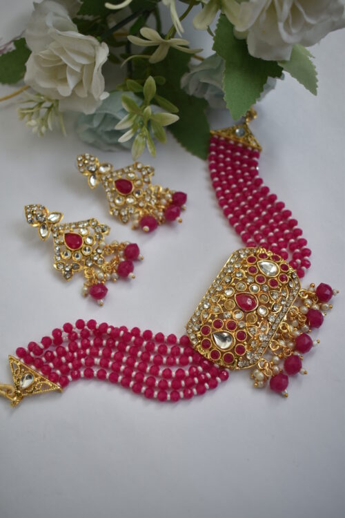 Gold Toned Beads Stone Studded Choker Set