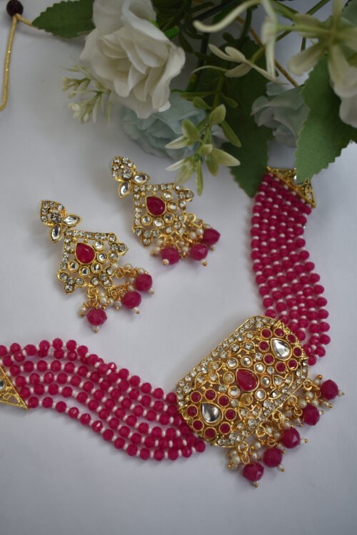Gold Toned Beads Stone Studded Choker Set