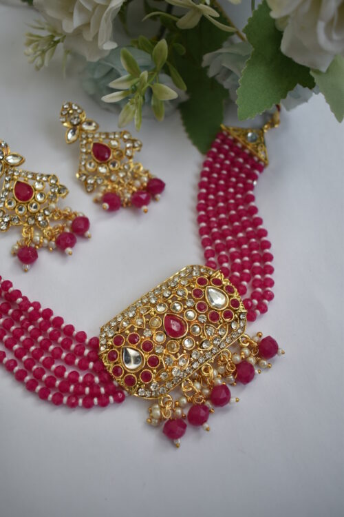 Gold Toned Beads Stone Studded Choker Set