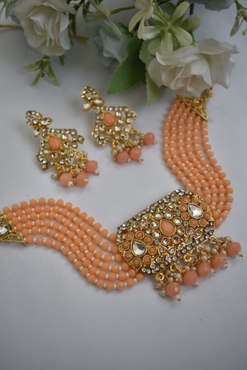 Gold Toned Beads Stone Studded Choker Set