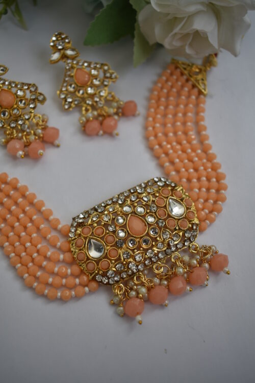 Gold Toned Beads Stone Studded Choker Set