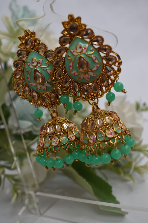 Gold Plated Meenakari Beads Jhumka Earrings Set
