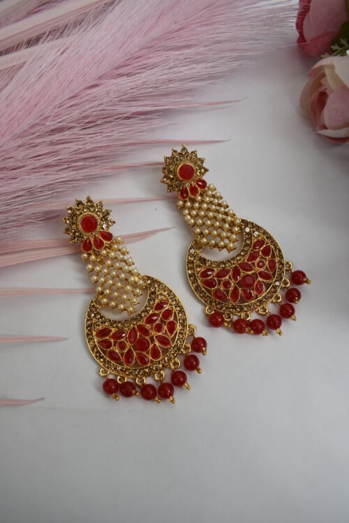 Stone Studded Pearl Embellished Earrings Set