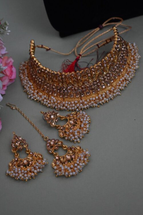 Gold Plated Kundan With Pearls Necklace Set