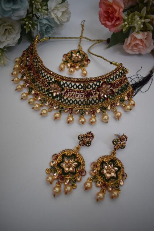 Red And Green Gold Plated Necklace Set