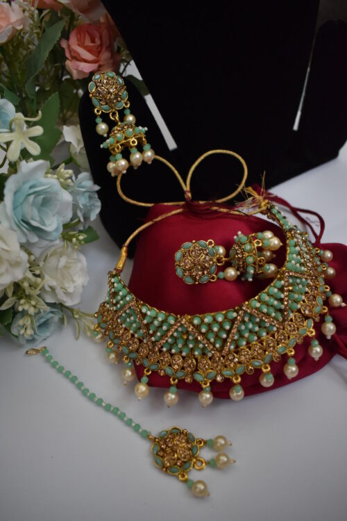 Mint Beads Studded Pearl Necklace Set