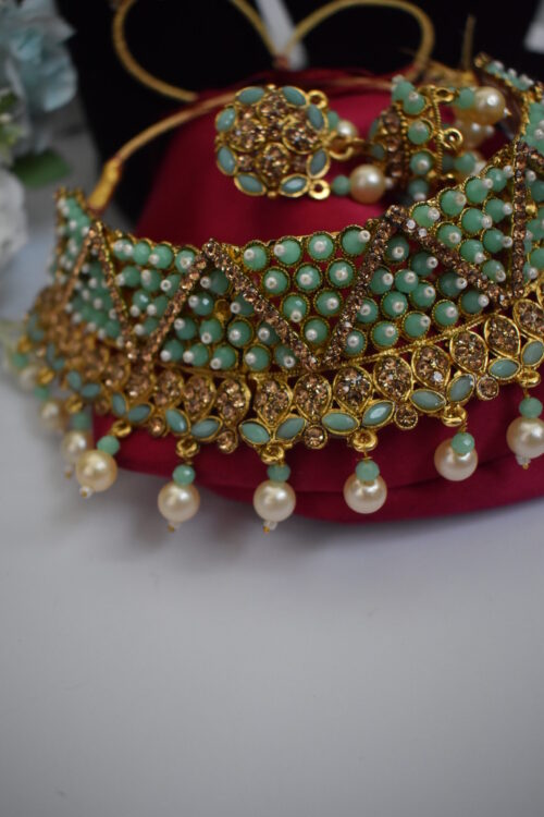 Mint Beads Studded Pearl Necklace Set