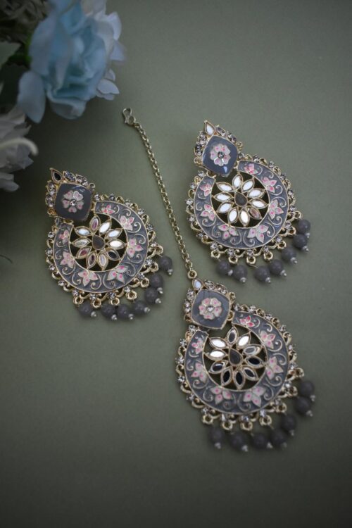Beautiful Meenakari Mirror Studded Earrings With Maang Tikka