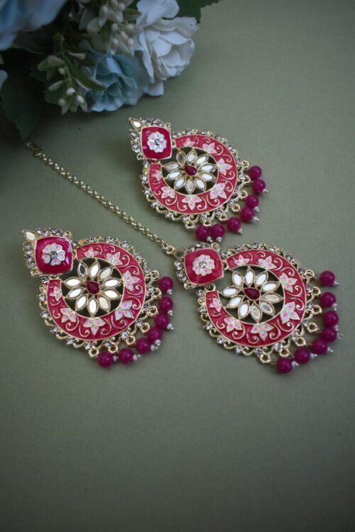 Beautiful Meenakari Mirror Studded Earrings With Maang Tikka