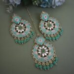 Beautiful Meenakari Mirror Studded Earrings With Maang Tikka