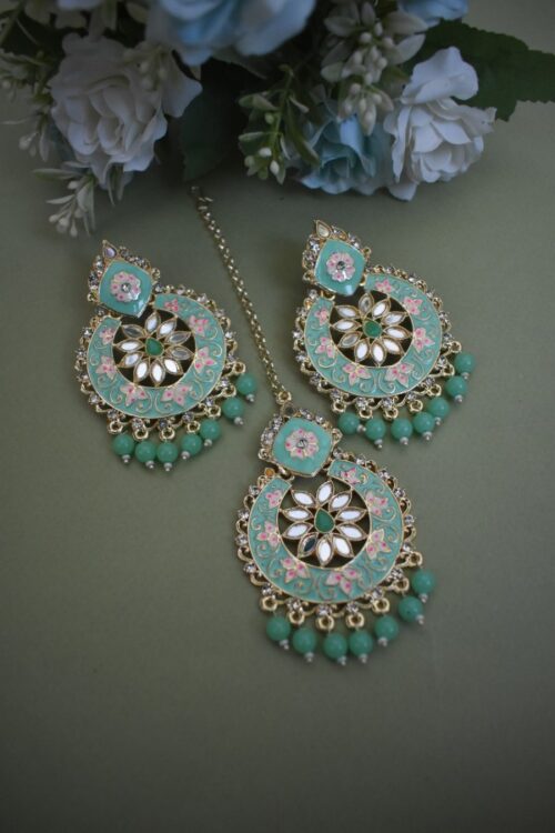 Beautiful Meenakari Mirror Studded Earrings With Maang Tikka