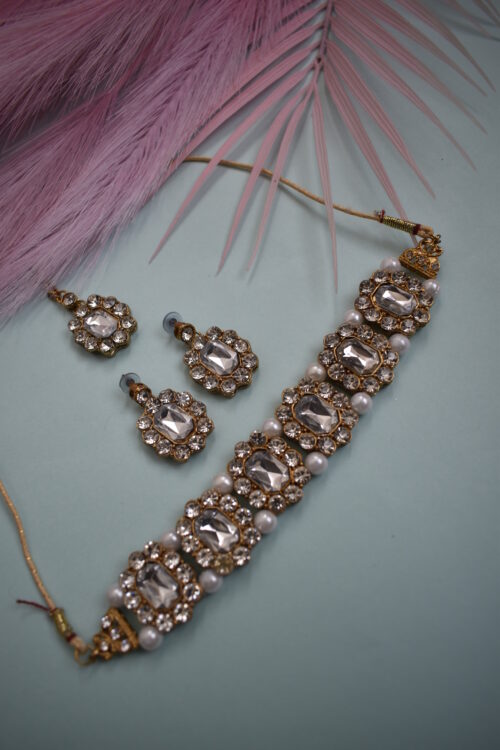Shinning Stone Studded Gold Crystal Choker Set