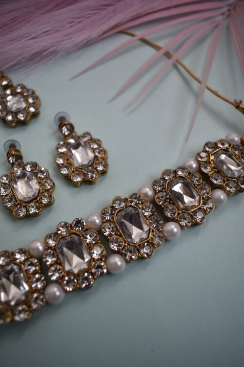 Shinning Stone Studded Gold Crystal Choker Set