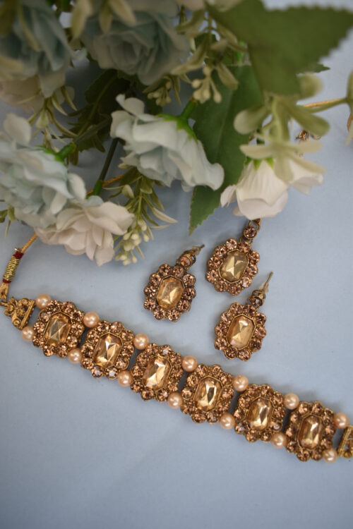 Shinning Stone Studded Gold Crystal Choker Set