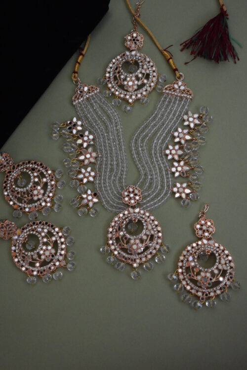 Rose Gold Mirror And Beads Studded Necklace Set With Paasa