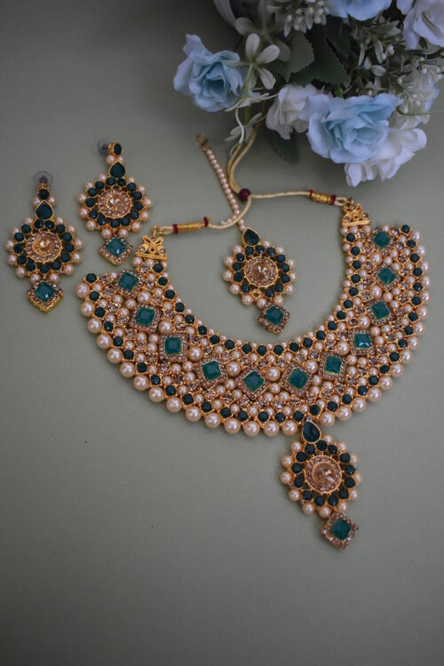 Stone Studded And Pearl Embellished Wedding Wear Necklace Set