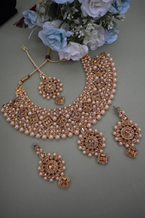 Stone Studded And Pearl Embellished Wedding Wear Necklace Set