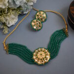 Green Color White Kundan Choker Set with Earrings