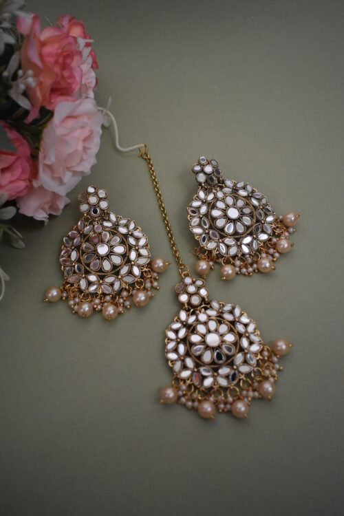Shimmery Mirror And Pearl Studded Earrings With Maang Tikka