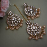 Shimmery Mirror And Pearl Studded Earrings With Maang Tikka