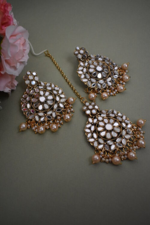 Shimmery Mirror And Pearl Studded Earrings With Maang Tikka