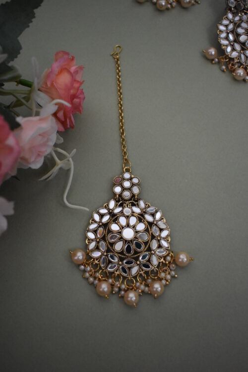 Shimmery Mirror And Pearl Studded Earrings With Maang Tikka