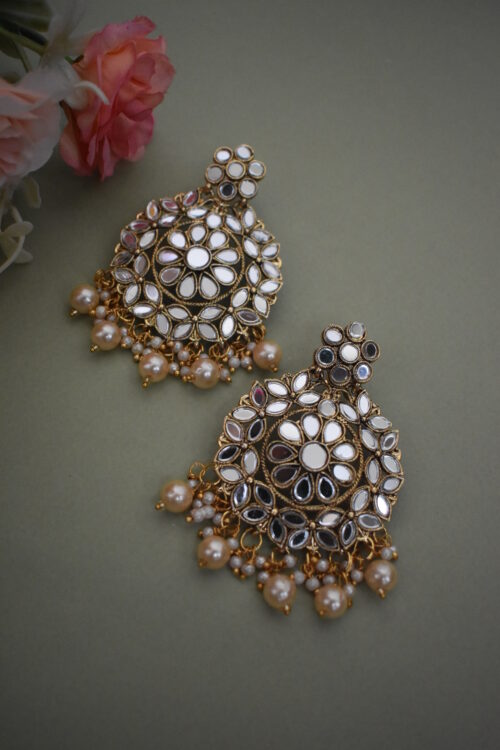 Shimmery Mirror And Pearl Studded Earrings With Maang Tikka
