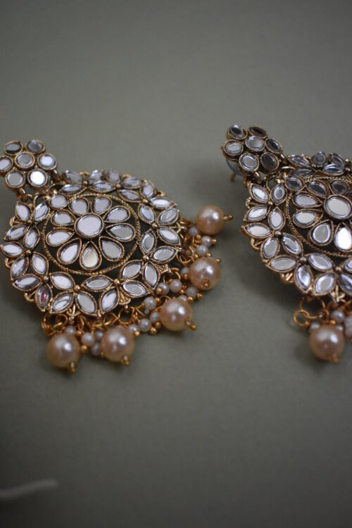 Shimmery Mirror And Pearl Studded Earrings With Maang Tikka