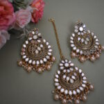 Mirror And Pearl Embellished Earrings With Maang Tikka