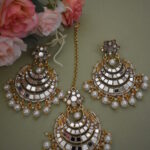 Beautiful Mirror And Pearl Embellished Earrings With Maang Tikka