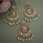 Beautiful Mirror And Pearl Studded Earrings With Maang Tikka