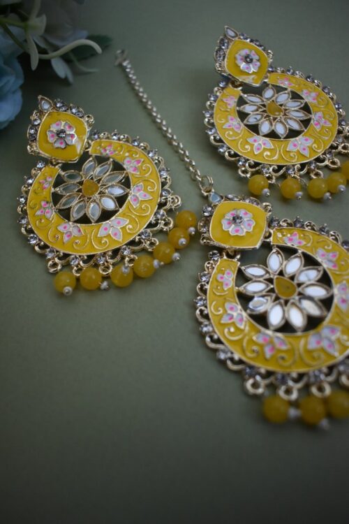 Beautiful Meenakari Mirror Studded Earrings With Maang Tikka
