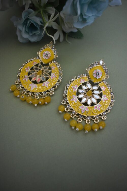 Beautiful Meenakari Mirror Studded Earrings With Maang Tikka