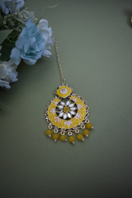 Beautiful Meenakari Mirror Studded Earrings With Maang Tikka