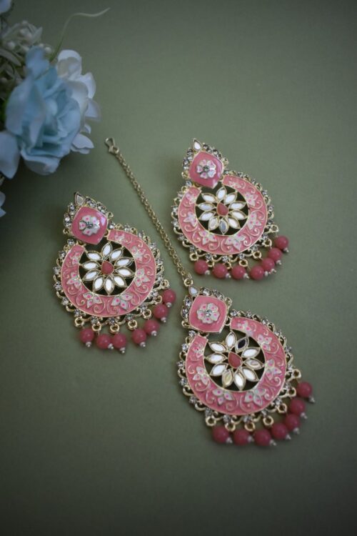 Beautiful Meenakari Mirror Studded Earrings With Maang Tikka